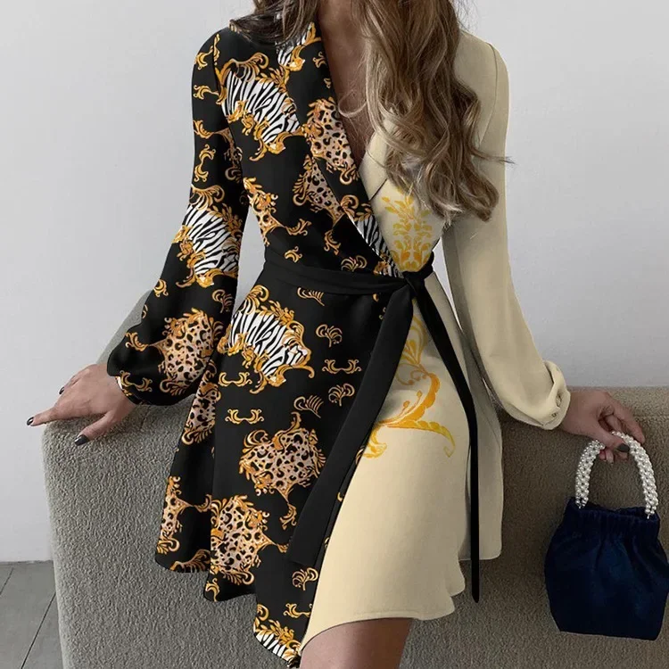 Women's Dresses Style Temperament Color Blocked Lace Up Dress Elegant Long Sleeves High Waisted Short Skirt Summer 2024 Autumn