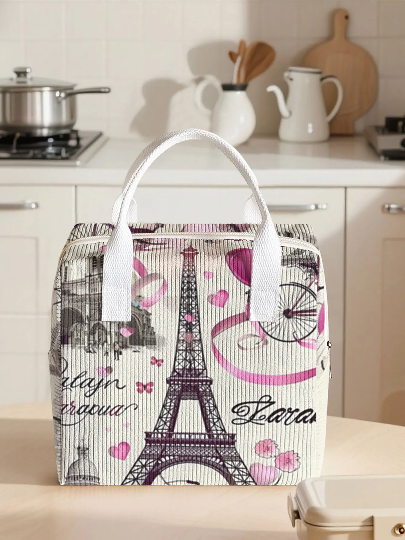 Vintage Paris Tower Floral Heart Thermal Lunch Box Handbag Waterproof Portable Food Cooler Bag