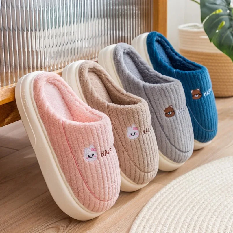 Inverno casa chinelo das mulheres dos desenhos animados coelho quente de pelúcia contton interior engraçado fuzzy piso quarto pele casa sapatos planos feminino masculino