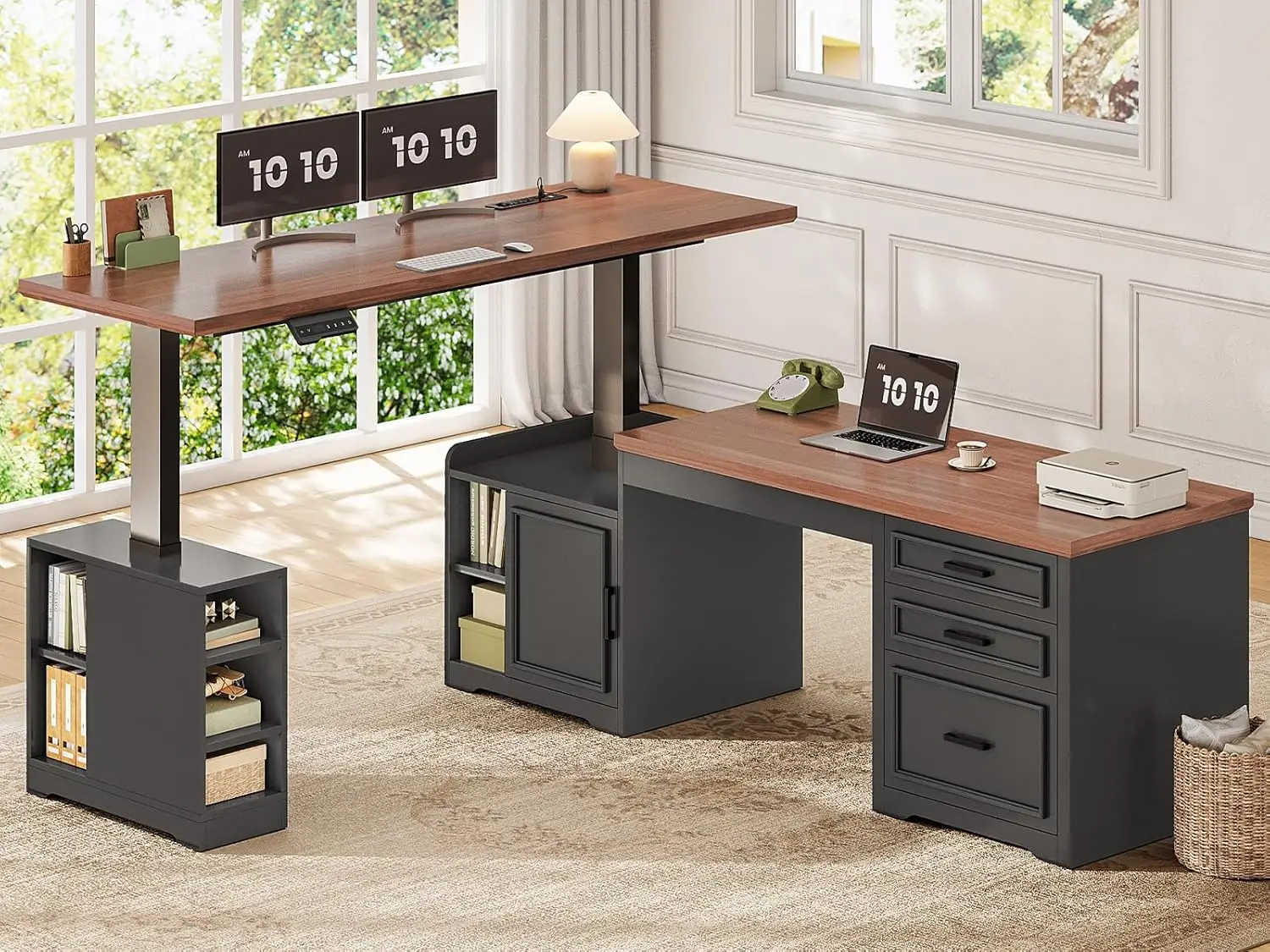 

SEDETA Farmhouse L Shaped Electric Standing Desk, 63" x 67" Height Adjustable Home Office Executive Desk with Drawers and Shelve