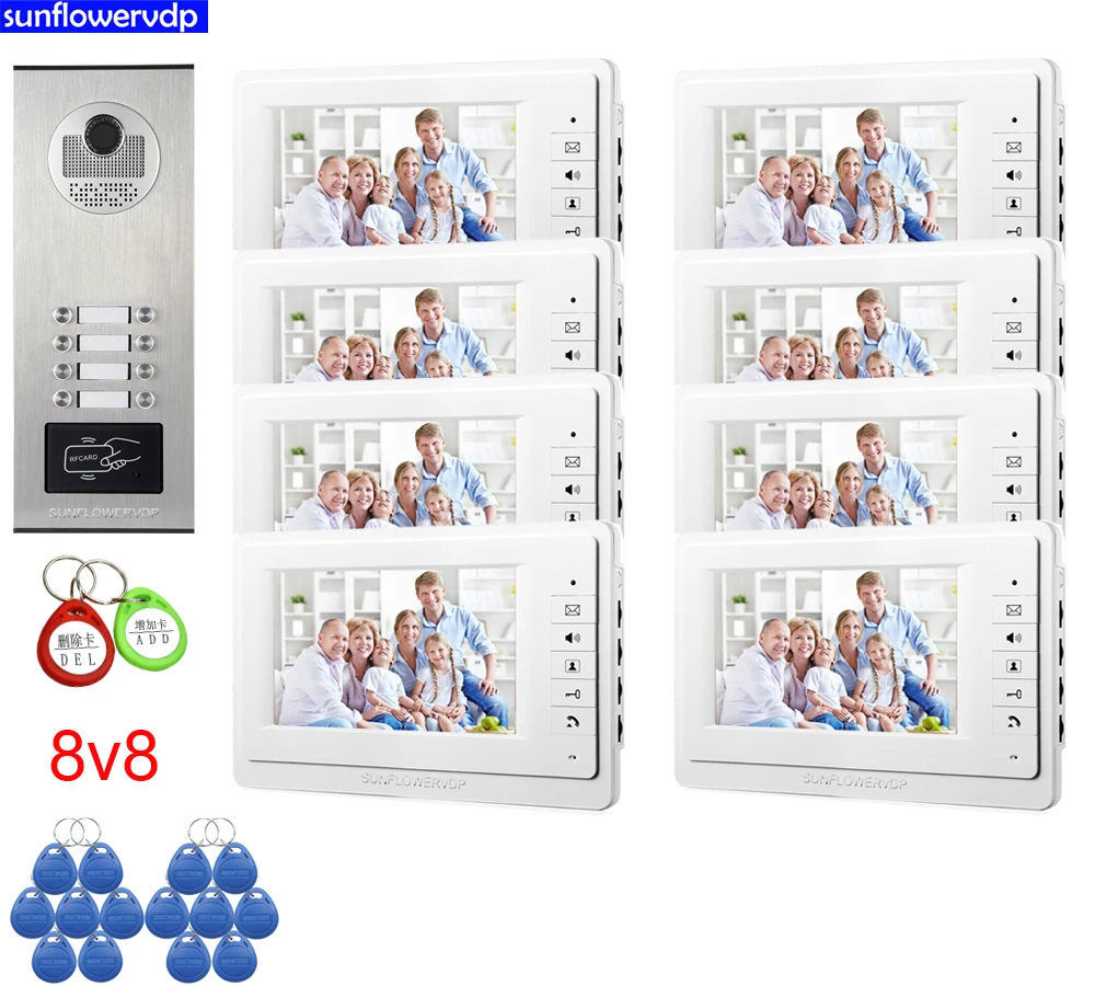 Rfid 8 Lines Home Video Door Phone Security Call 8 Buttons Door Intercoms  System Color 7” Monitors Doorbell Doorman Full Kit