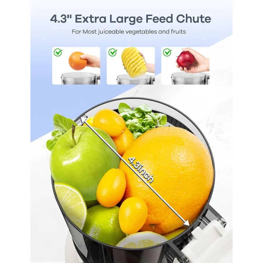 大きな投入口を備えたコールドプレスジューサーは、果物や野菜を丸ごと投入できるように設計されており、3つの機能を備えた低速咀嚼式ジューサーです。