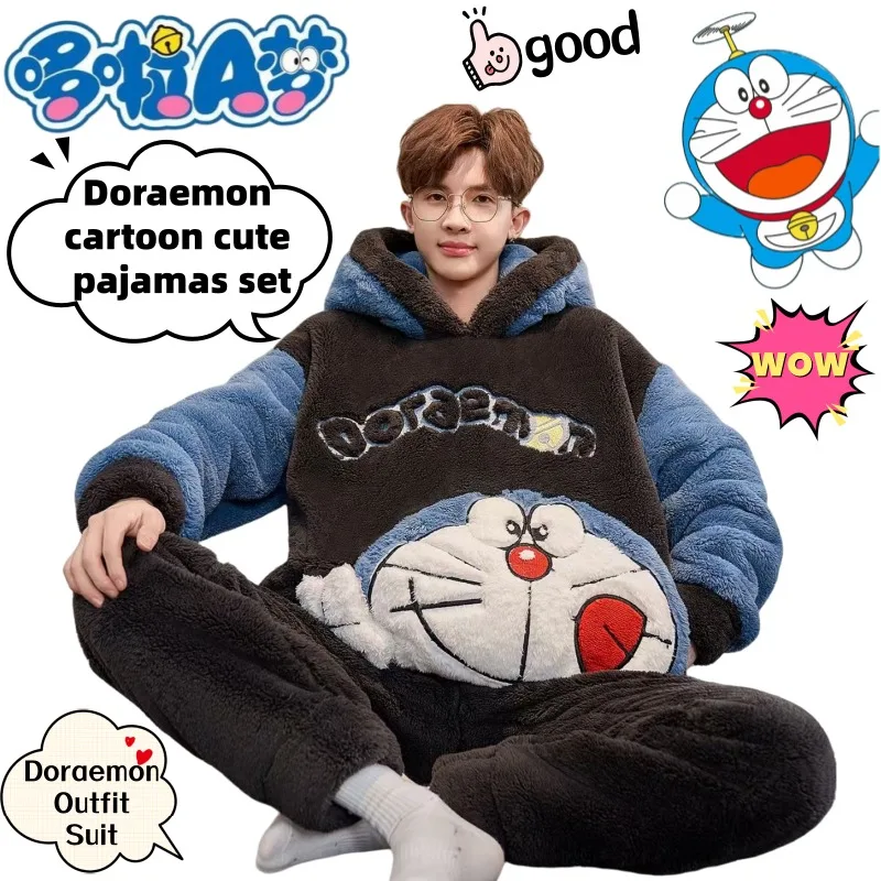 

New Doraemon Cartoon Cute Creative Pajamas Set Personalized Animation Peripheral Plus Velvet Thickened Outfit Dwelling Suit Gift