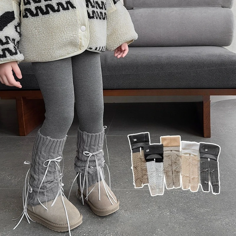 

Kids clothes Girls leggings fleece thickened vertical twist bow sock cover splicing children's pantyhose cotton warm