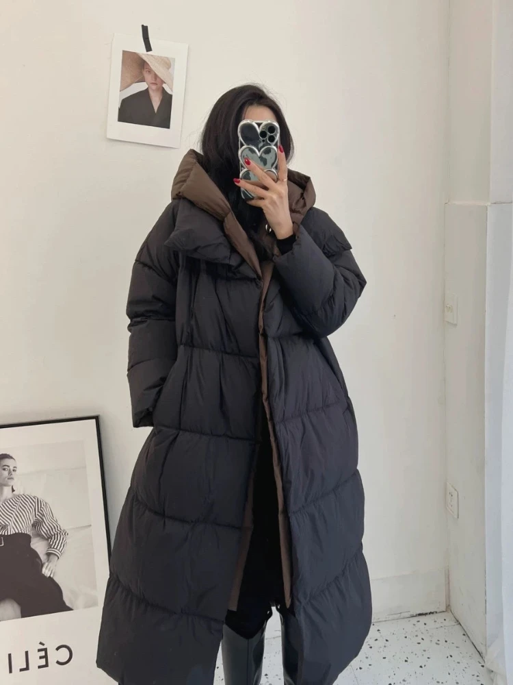 

2025 New Long Down Jacket Winter Fake 2-piece Contrast Hooded Parkas Women Loose Casual Thicken Big Quilt White Duck Puffer Coat