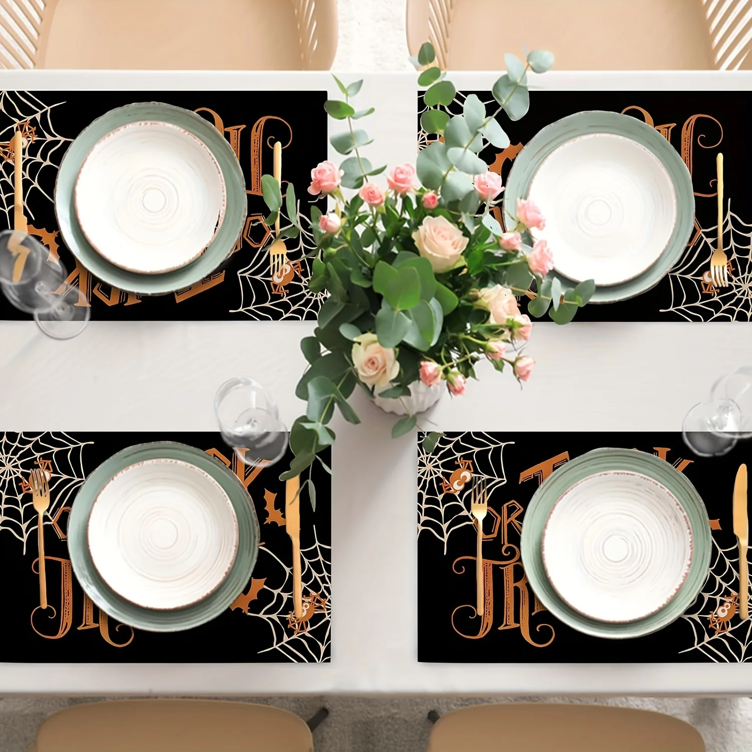 4pcs,Halloween Trick or Treat Placemats, Spider Web Bat Black Funny Holiday Dining Table Place Mats, Fall Seasonal Kitchen Decor