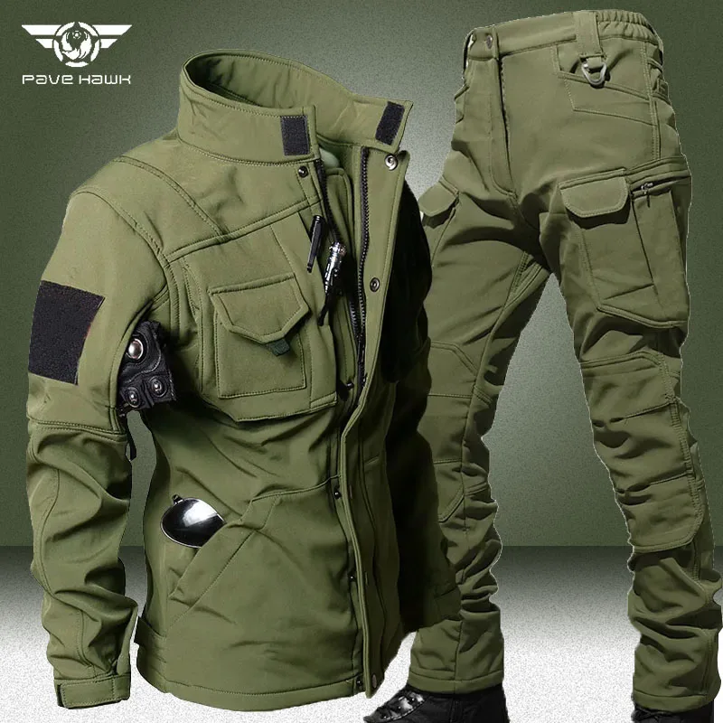 Winter Fleece Tactical Sets Men Military Shark Skin Soft Shell Waterproof 2 Piece Set Windproof Hooded Jacket+Army Cargo Pants