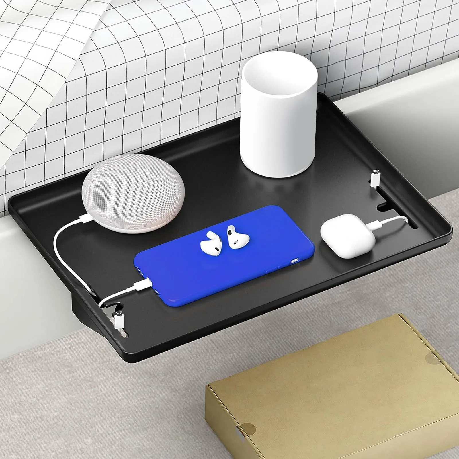 

Прикроватная полка-столик Т-образной формы с отверстием для кабеля, легко устанавливается, экономит место, многофункциональный прикроватный столик для общежития