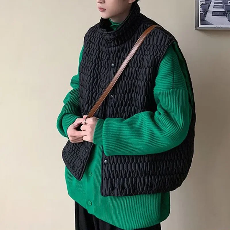 Autumn/Winter Vintage Argyle Vest Japanese Stand Collar Single Breasted Cotton Padded Jackets Men's Sleeveless Waistcoat Outwear