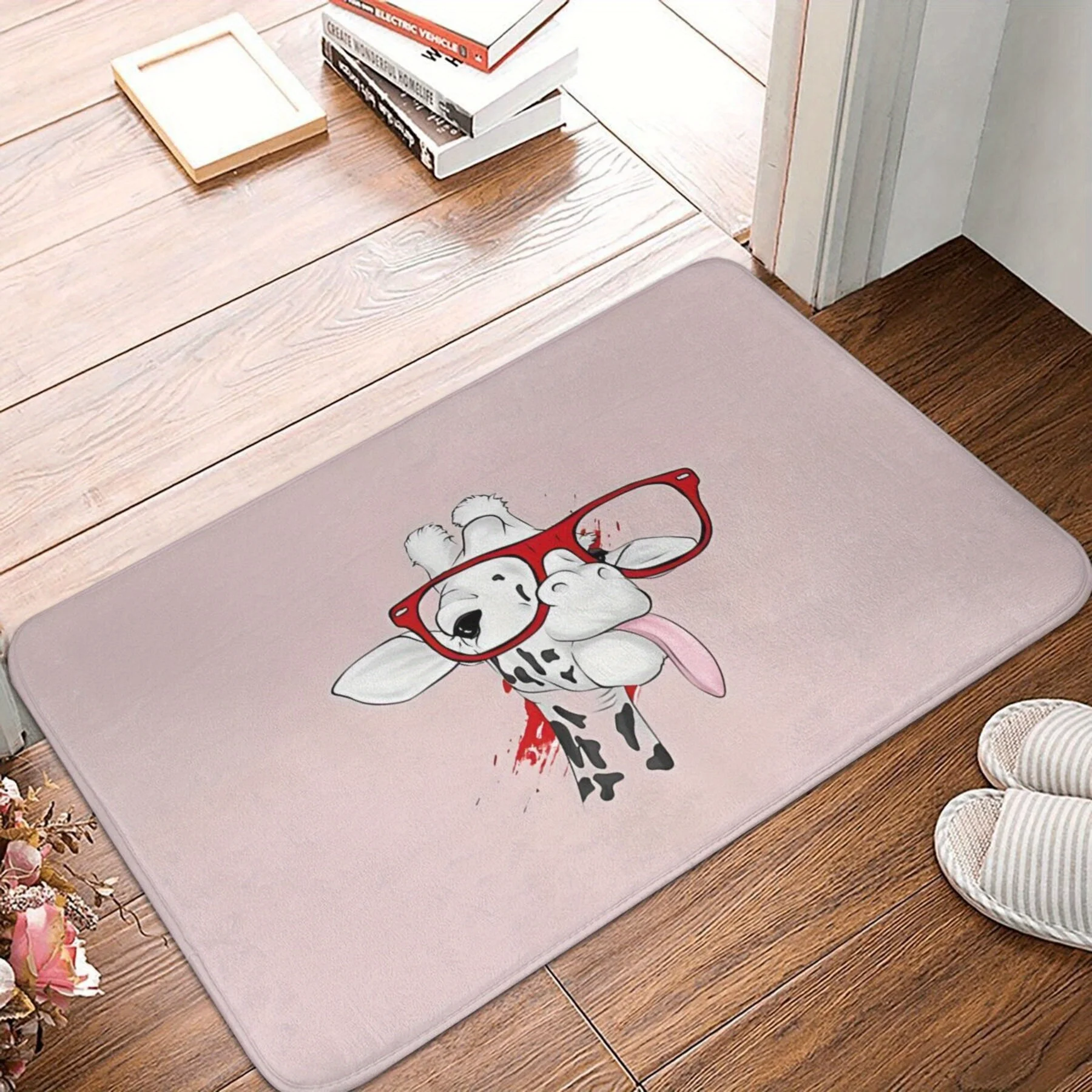 Giraffe with Red Glasses Doormat – Playful Cartoon Print on Light Pink Background, 40×60 cm Decorative Indoor Entry Mat