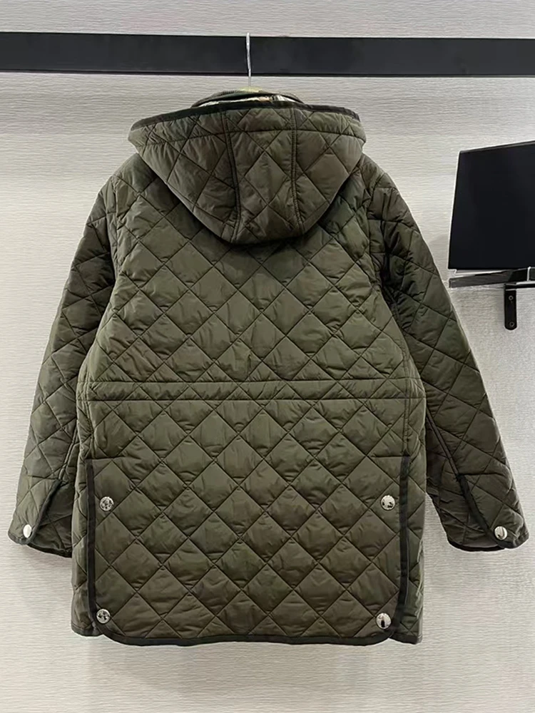 Vintage diamond-striped hooded stand-up collar cotton-padded jacket 2024 Winter women\'s new fashion all-match cotton jacket