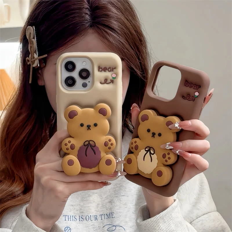 

INS Pop Cartoon Bear fold Holder Silicone Phone Cover for iphone 16 pro max case Funda Coque For iphone 15 14 12 13 Pro Max i11