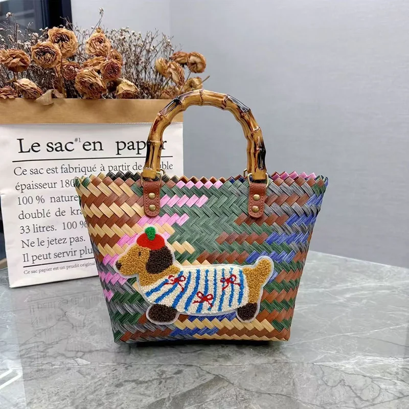 

Creative Retro Striped Woven Bag Puppy Pattern Handheld Weave Tote Bag Hand-woven Texture Large Capacity Summer Women's Handbag
