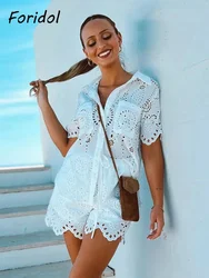 Foridol White Cotton Shorts Set Summer Women 2024 Pockets Hollow Out Embroidery 2 Pcs Outfits Shirt+shorts Suit Beach Casual Set