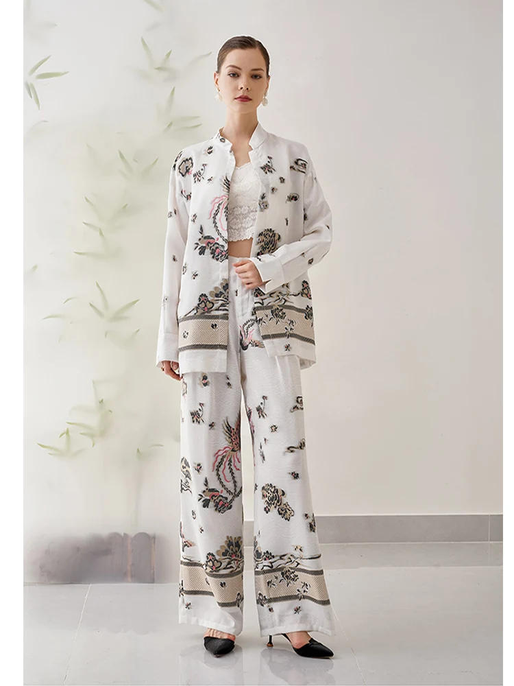 Summer New Woman High end Silk + Cotton Phoenix Jacquard Small Standing Neck Long sleeved Coat+Wide Leg Pants 2-piece Set M-XXL