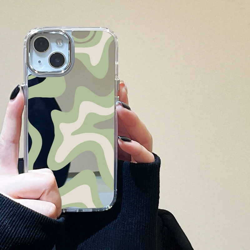 Wavy Pattern Painted Case For iPhone 14 Funda Makeup Mirror Cases For iPhone 15 11 14 12 13 Pro Max X XR XS Max Shockproof Cover