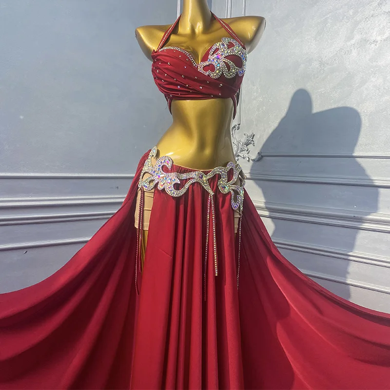 Strój do tańca brzucha, seksowny kostium sceniczny, luksusowy zestaw z dżetami, profesjonalny strój konkursowy do tańca orientalnego dla dorosłych.