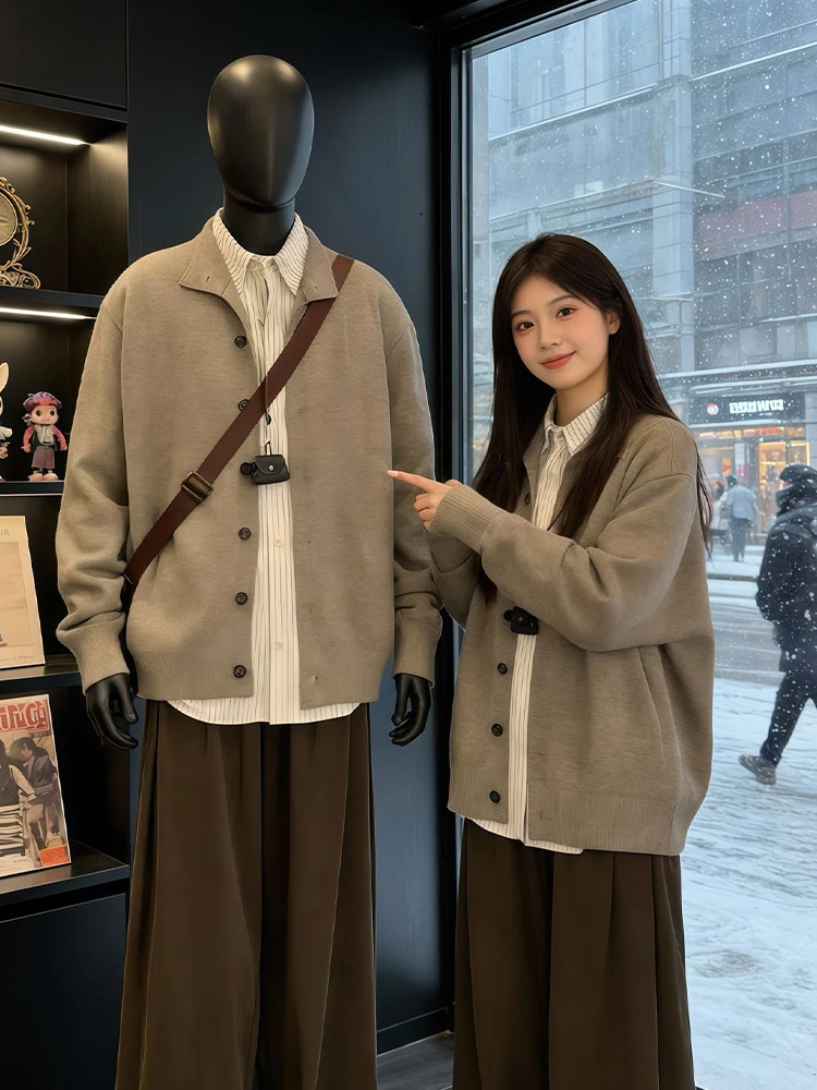 

Утепленный мужской вязаный кардиган в стиле оверсайз для пар, американская ретро-мода, мягкий, свободный крой, с длинным рукавом, зимний