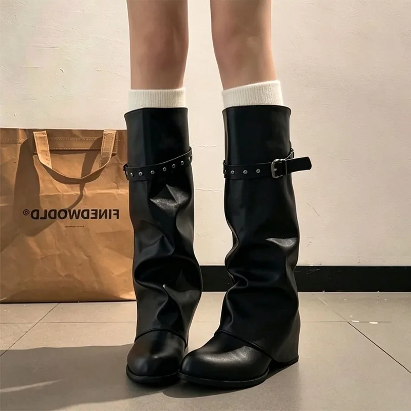 Ladies Slouchy Tube Knee High Boots, Rivet Strap Buckle, Fold Shaft, Pointed Toe Chunky Heel Wide Calf Black Western Boots