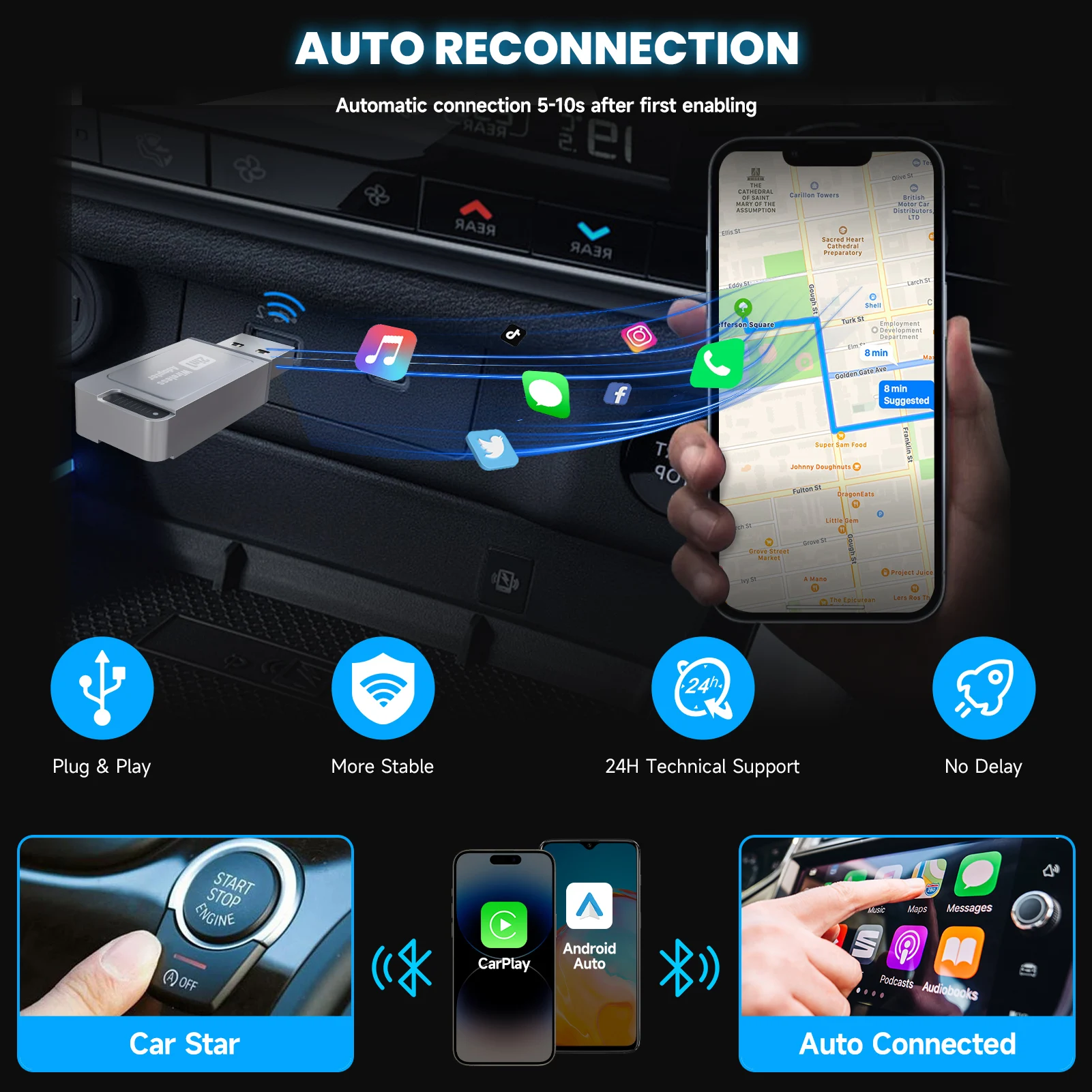 2025 Upgrade- Wireless CarPlay Adapter Plug & Plug Auto Connect No Delay Converts Wired to Wireless Compatible iPhone &Android