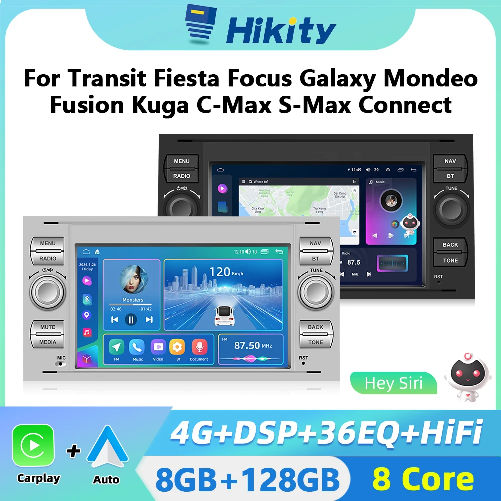 Hikity 2 din Android Car Radio for Ford Focus Mondeo Fiesta Transit Kuga C-Max S-Max Galaxy Transit Carplay Auto Android GPS