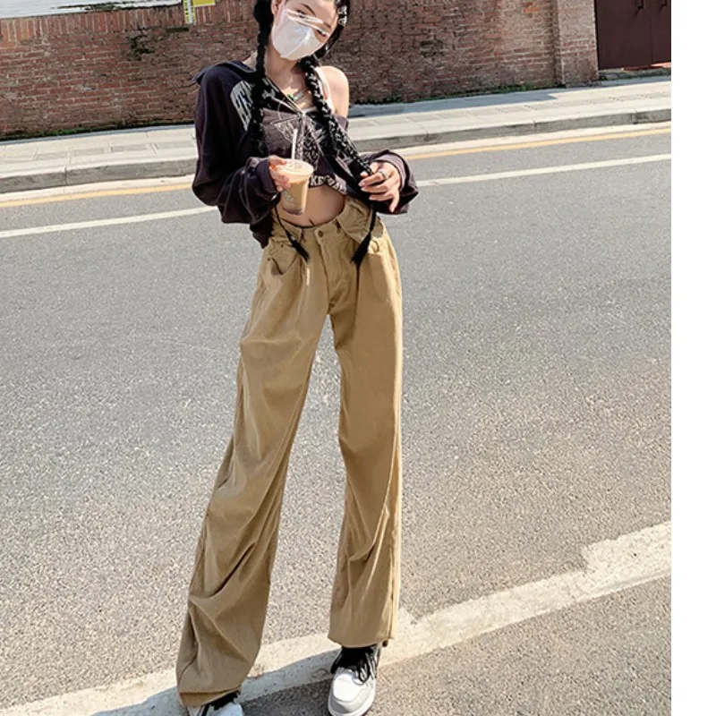 

Women's Bottoms Black Drawstring Sweatpants Casual High Waist Straight Mopping Pants Fashion Baggy Wide Leg Trouser Ladies Autum