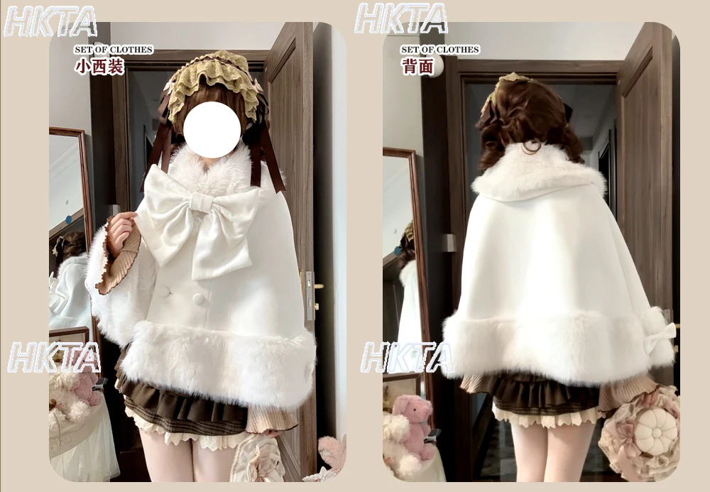

Japanese Sweet Elegant Big Bow Woolen Cape Jacket Female Autumn Winter 2025 New Fur Collar Warm Loose Lolita Wool Coats Women