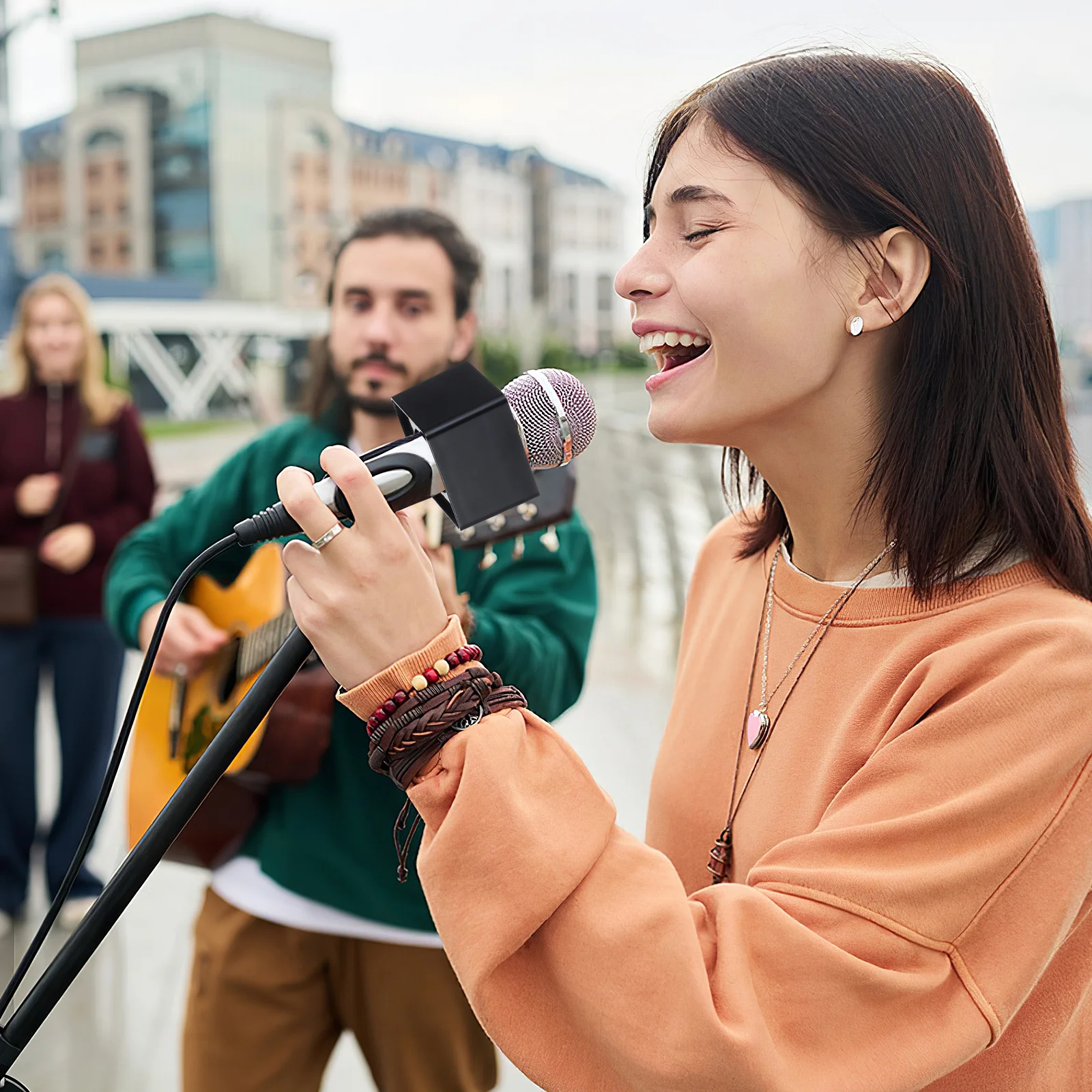 

Mic Logo Flag Station ABS Cube Stand with Square Base for Interview KTV News Studio Professional Microphone Prop Unique Design