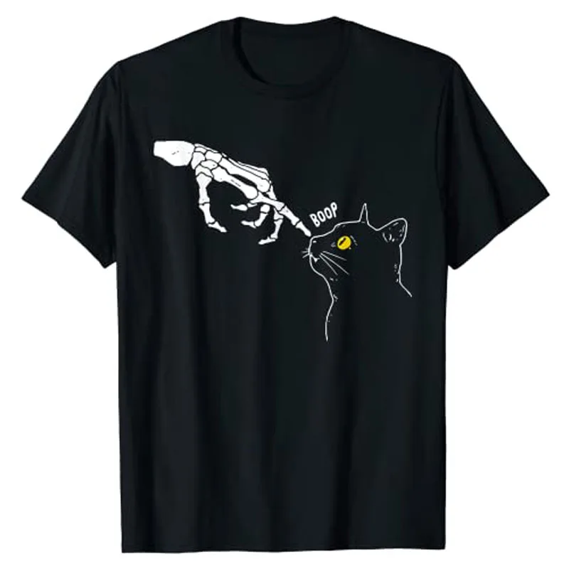 Cat Black Lover Skeleton Hand Boop Funny Halloween Costume T-Shirt Gift Funny Kitty Skull Print Graphic Tee Y2k Top Gothic Style