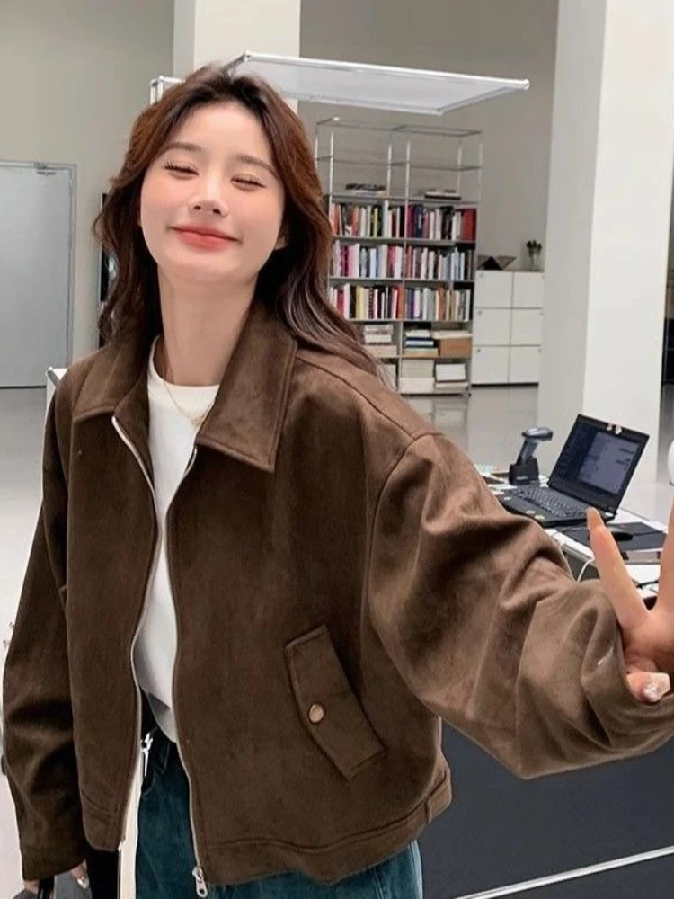 2025년 신상 여성용 카라멜 레트로 재킷 반팔 루즈핏 아메리칸 스타일 다용도 봄 가을 상의