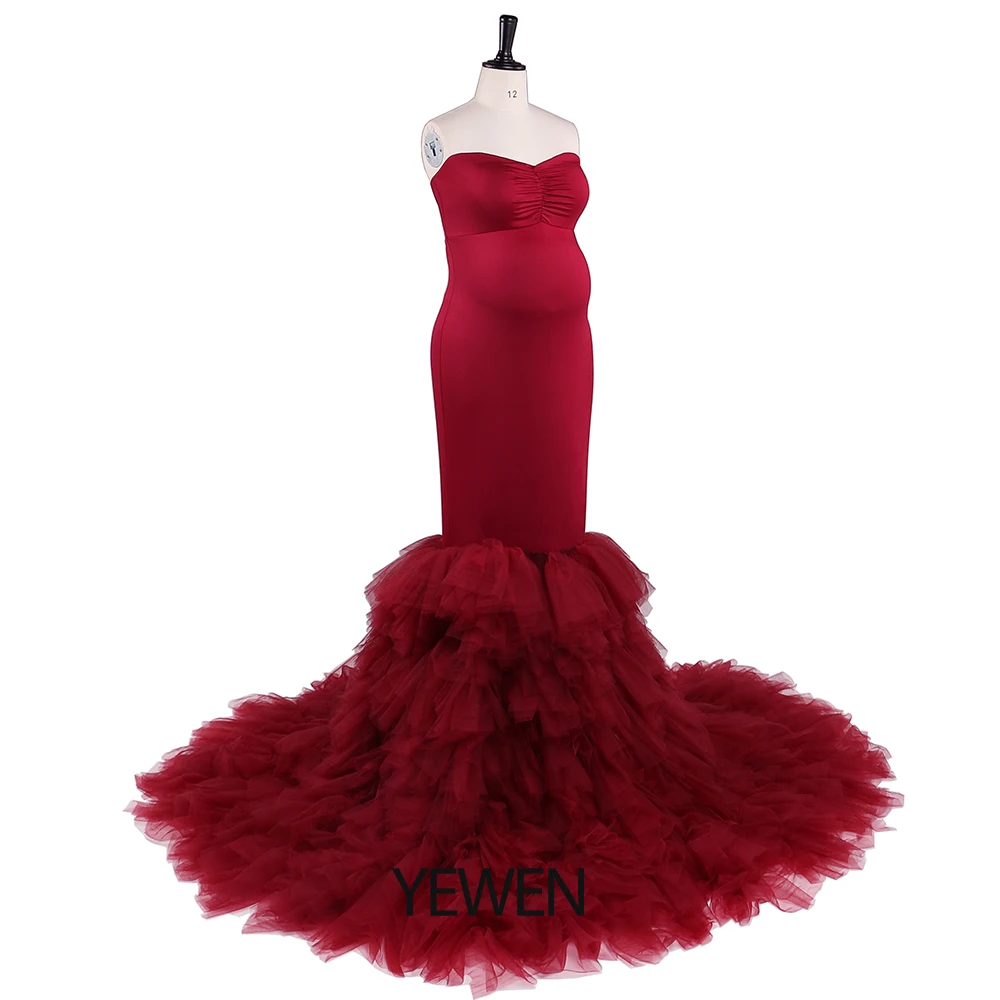 New Design Burgundy Strapless Mermaid Evening Dress Maternity Gown for Photo Shoot Woman Party Night Dress YEWEN