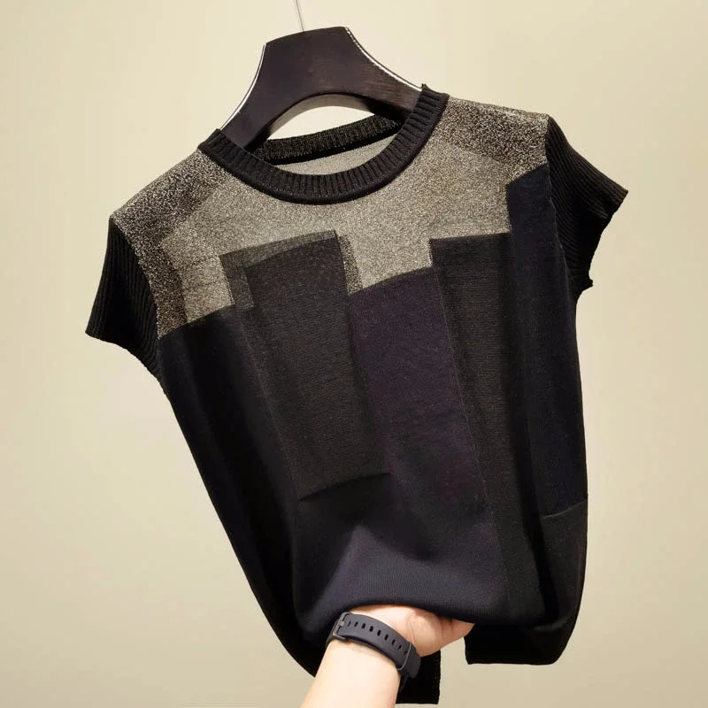 2024 Korean O-neck Short Sleeve Knitted Tops Patchwork Ice Silk Blusas Women Pullover Fashion Thin Blouse Mujer De Moda 8796