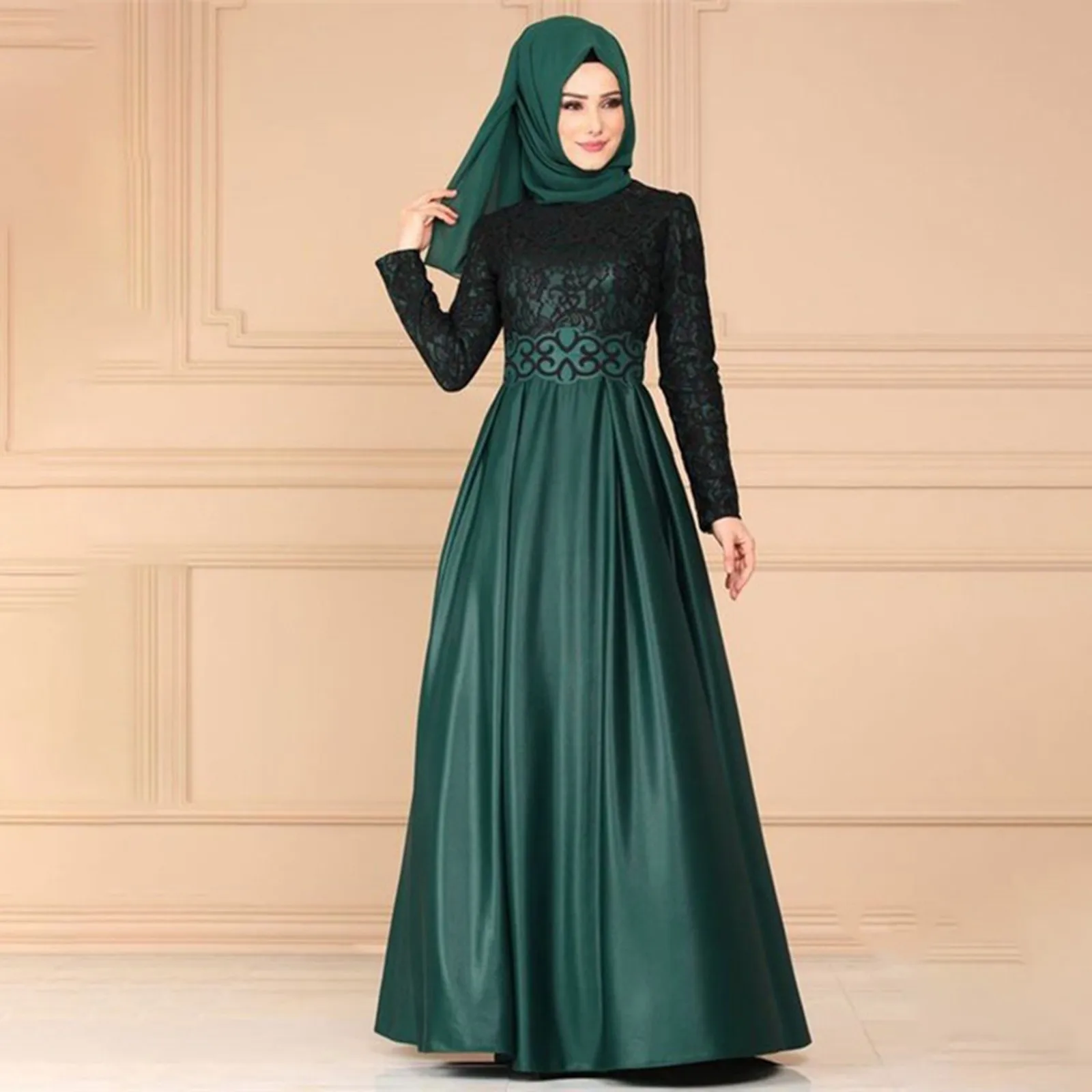 

Women's Muslim Long Dress Solid Color Lace Spliced Long Sleeved Middle Ethnic Style Robe Dresses Turkish Loose Sundress Hot Sale