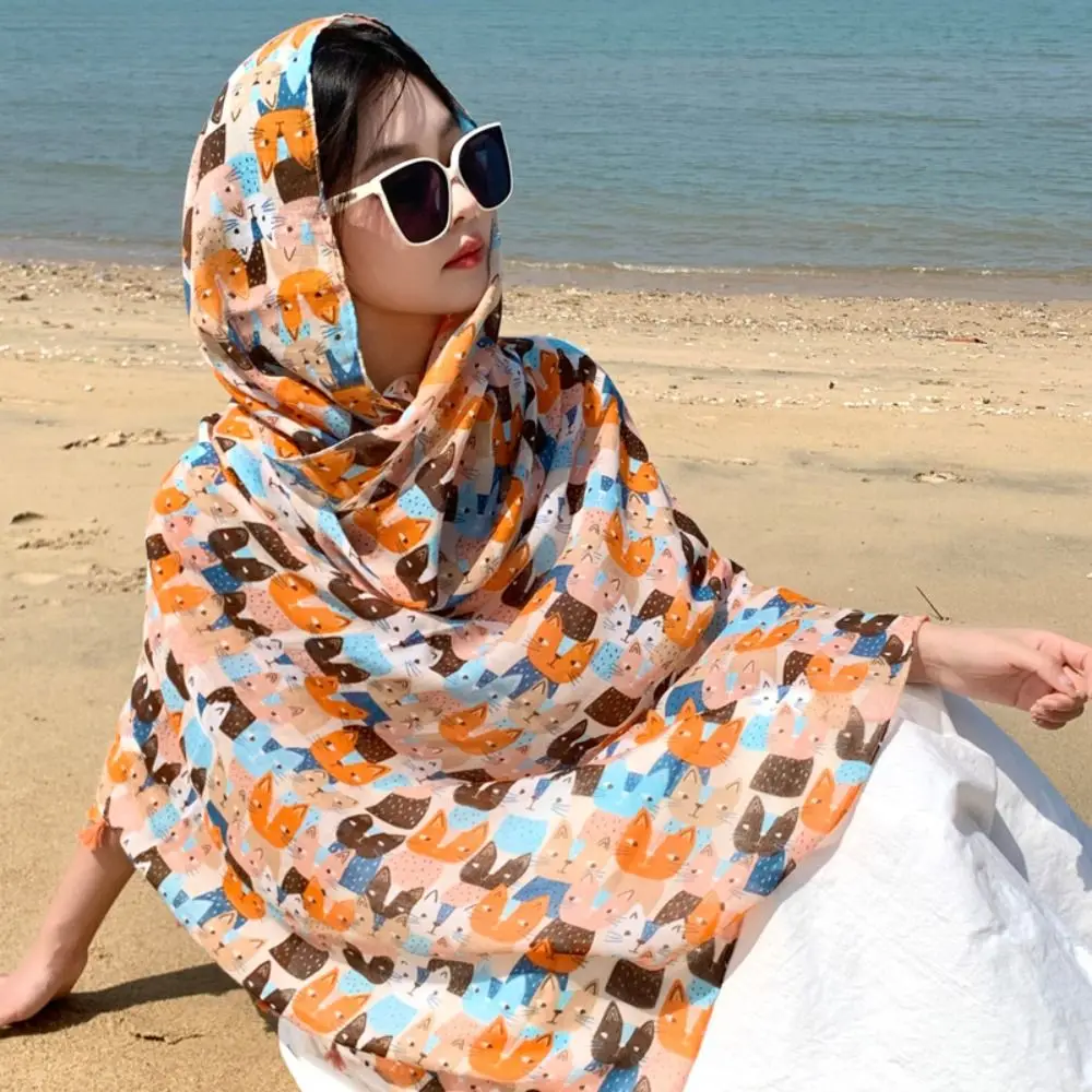 

Simple Long Cat Pattern Tassel Scarf Large Bohemian Animal Print Scarves Yarn Cartoon Printed Silk Scarf Clothing Accessories