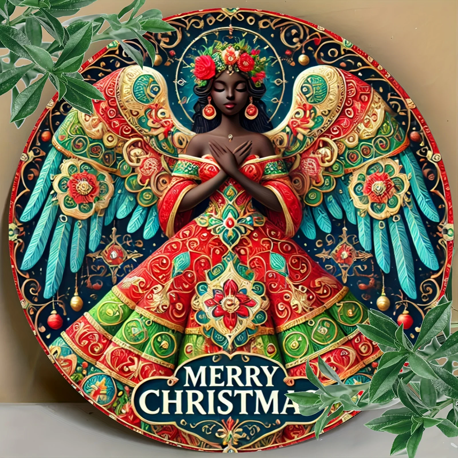 

Room Decor, African American Christmas Angel, Round Aluminum Wall Ornament, 8x8In/11.8x11.8In, Living Room, Garden, Office Decor