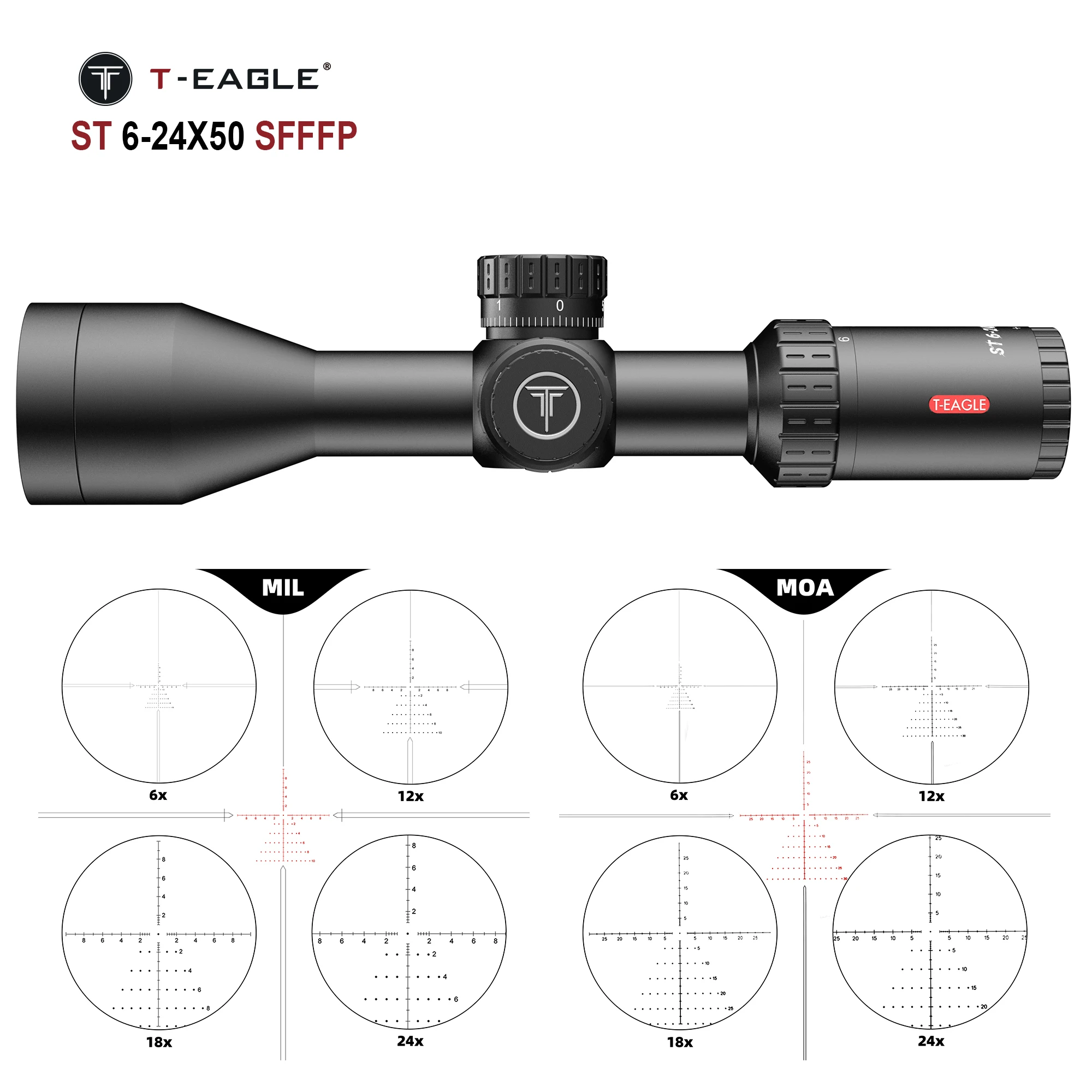 T-EAGLE ST 6-24X50 FFP Tactical Spotting Scope With Illuminate for Hunting MOA/MIL Rifle Scope Airgun Optical Riflescope Fit.308