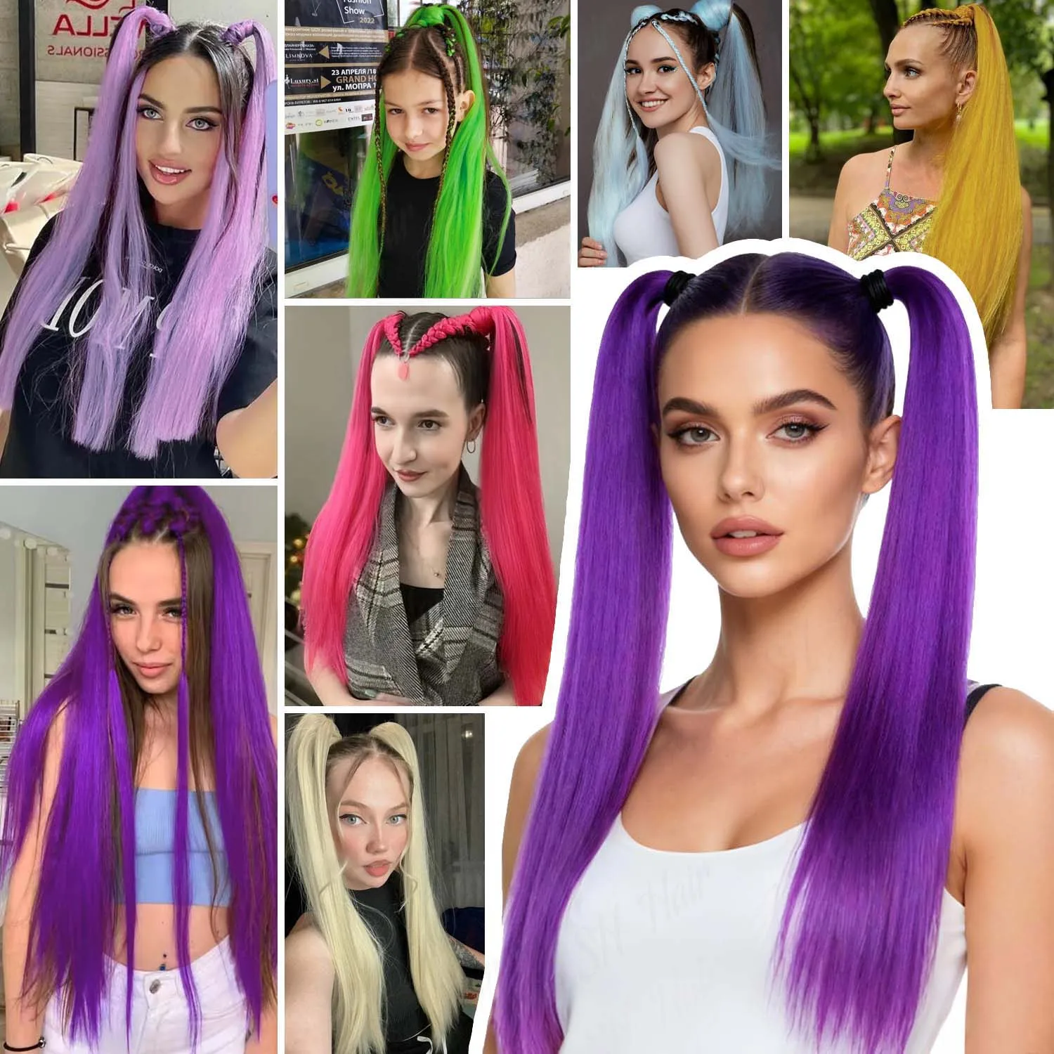 Synthetic Long Straight Ponytail Extensions With Rubber Band DIY Braided Ponytail Colorful Hair Accessories for Halloween
