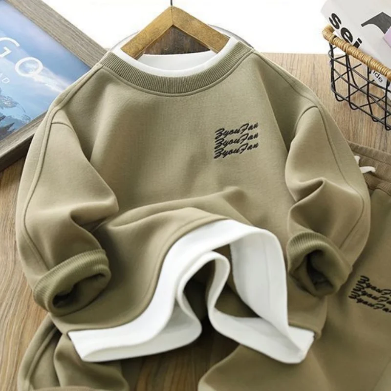 Jungen Sweatshirts + Hosen Kinder Anzüge Baumwolle 2 Teile/satz 2025 Grün Frühling Herbst Baumwolle Sport Teenager Kinder Kleidung