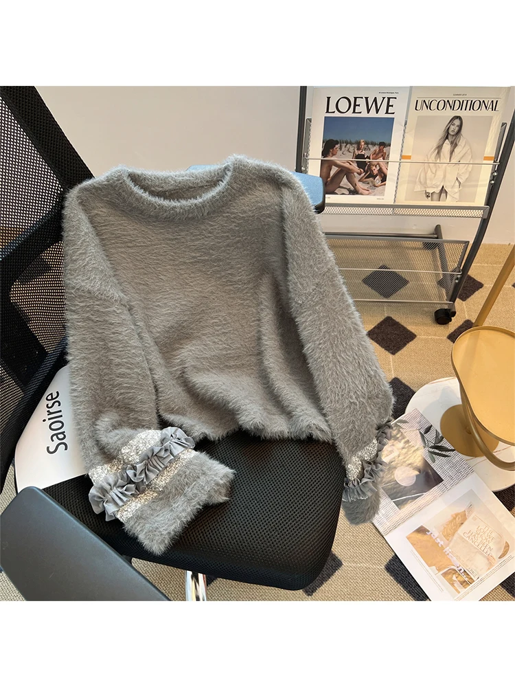 Autumn Winter Women Mori Girl Mohair Sweater Long Sleeve Fluffy Korean Fashion Knitwear 2000s Aesthetic O-Neck Pullovers Vintage