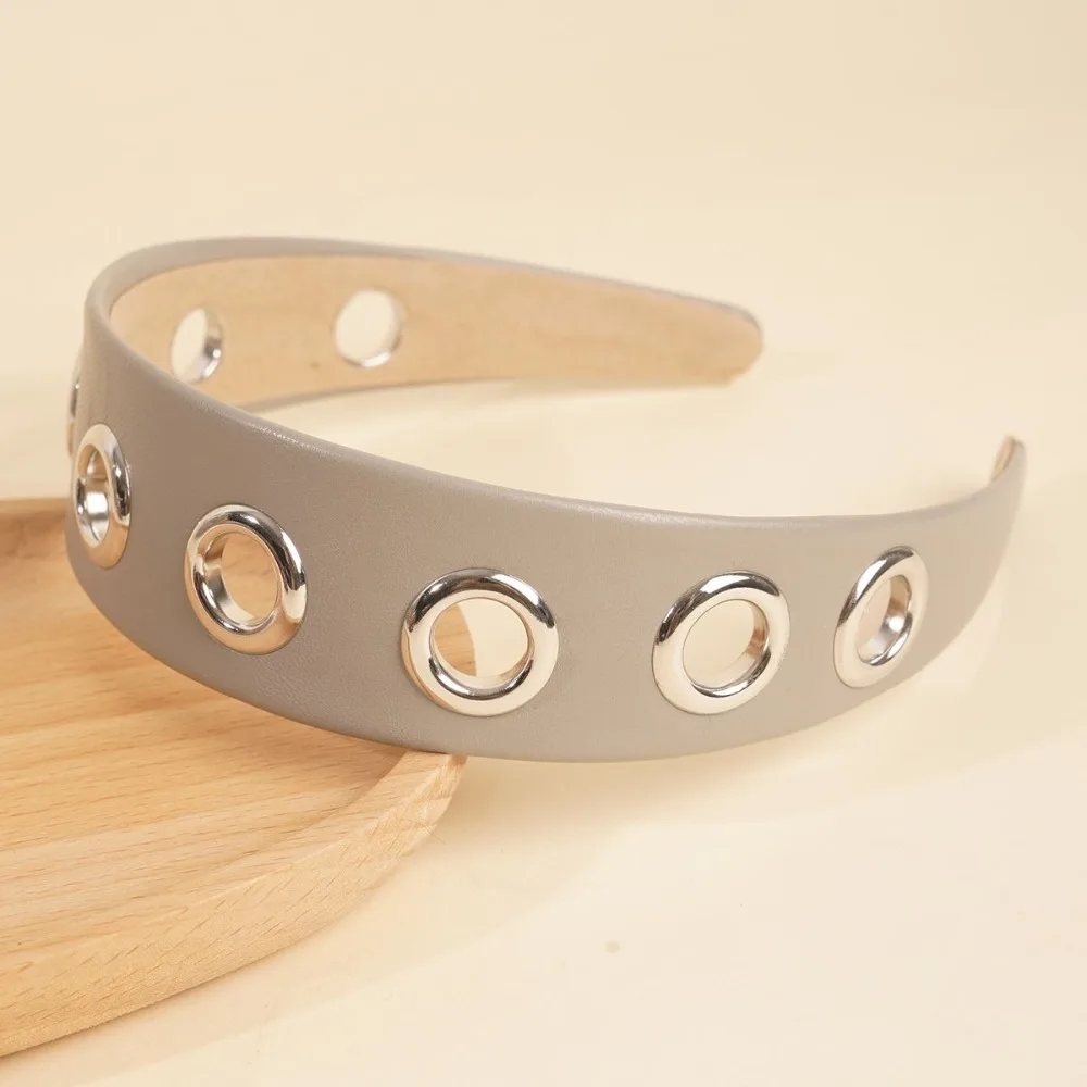 Solid Color Hollow Metal Headband Metal Ring Grommet Punk Headwrap Rock Steampunk Stretchy Pu Leather Hair Band Punk Style