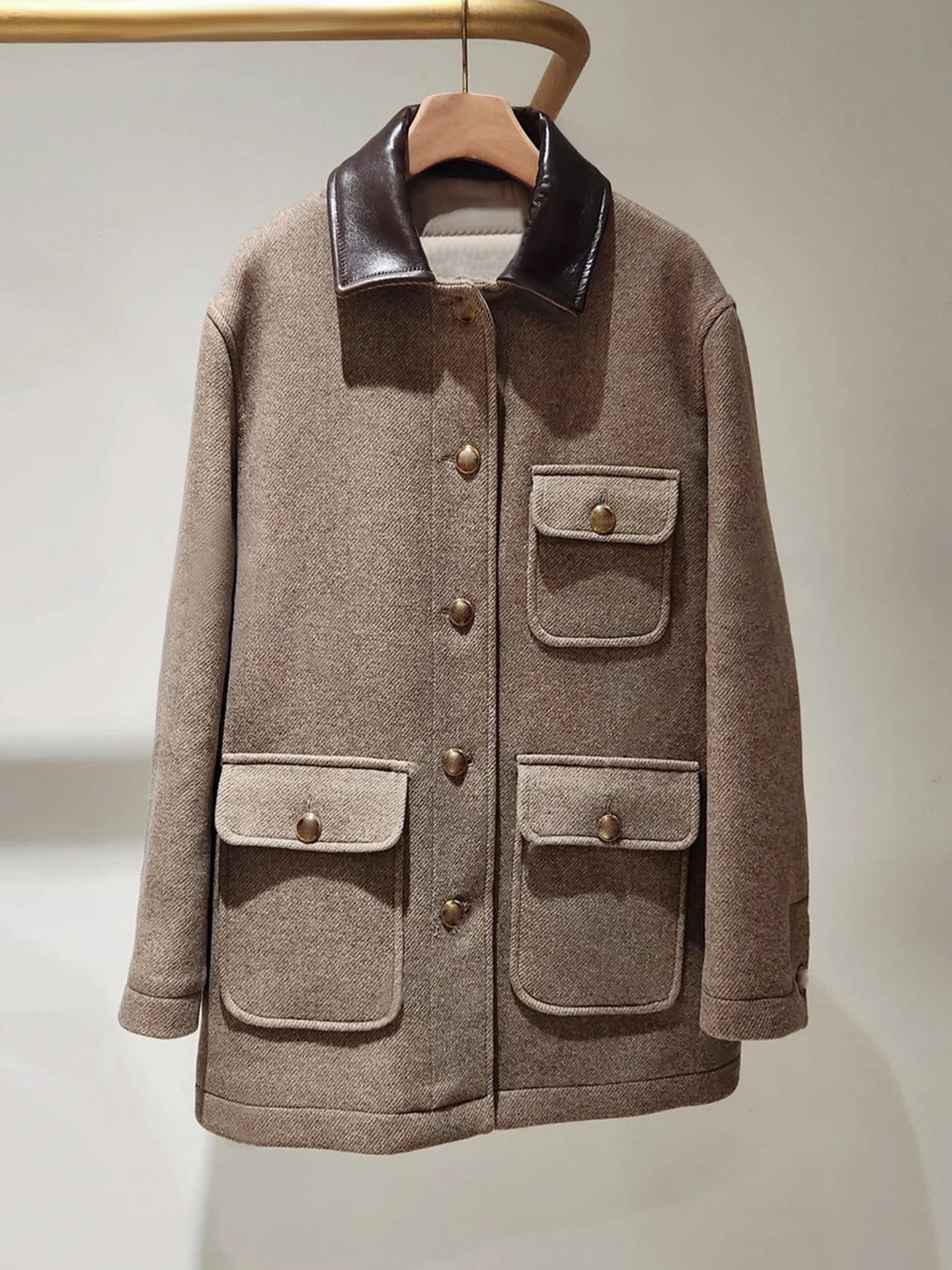 

S Home, элитное женское шерстяное пальто с кожаным воротником и кожаным воротником в стиле ретро, мода 202, осень-зима