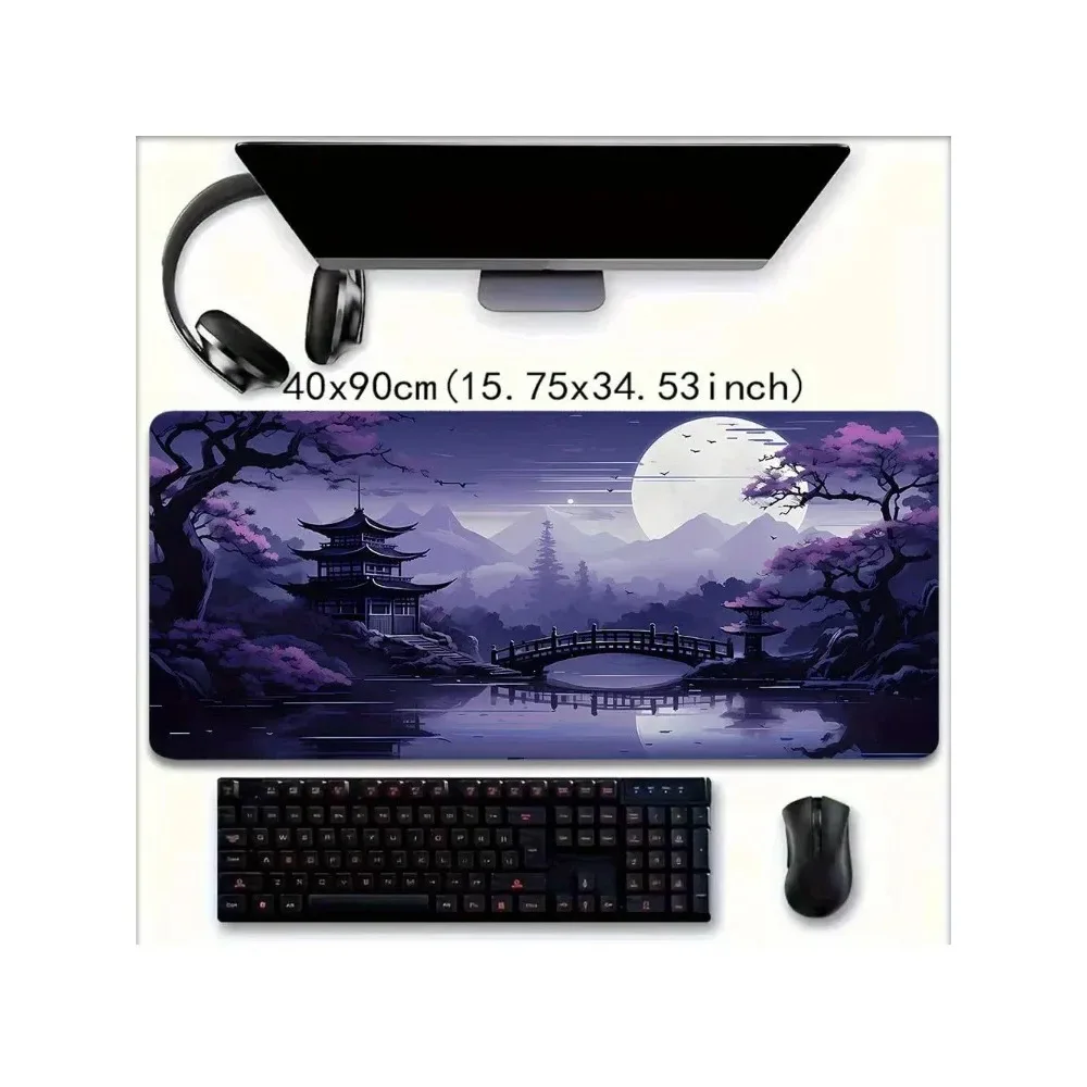 Large Purple Night Scene Gaming Mouse Pad, Cherry Blossom and Pagoda Design, Non-Slip Rubber Base, Office Desk Gaming Mat