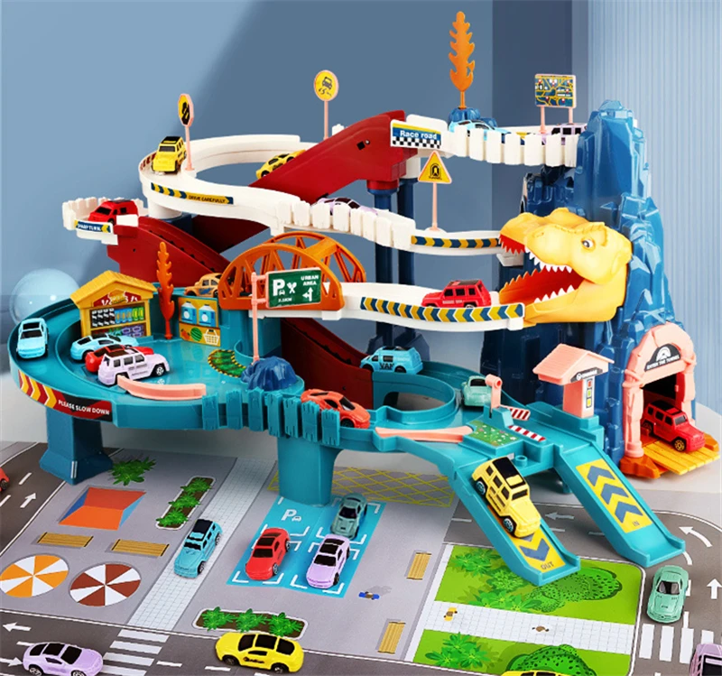 Adventure Parking Building Dinosaur rolled Mountain Track Toy Electric Racing Rail Car Toy giocattoli educativi per bambini regalo per ragazzo