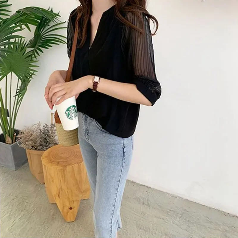 Female Clothing Casual Loose All-match Blouse 2023 Summer 3/4 Sleeve Fashion Solid Color Patchwork Commute Korean V-Neck Shirt