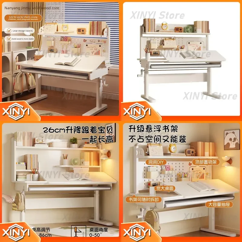Adjustable Height Study Desk for Children Writing Computer Desk for Students Flip Tabletop Learning Table with Bookcase for