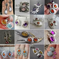 Luxury Green Zircon Drop Shape Boho Earrings for Women Fashion Engagement Jewelry Long Purple Stone Dangle Earrings