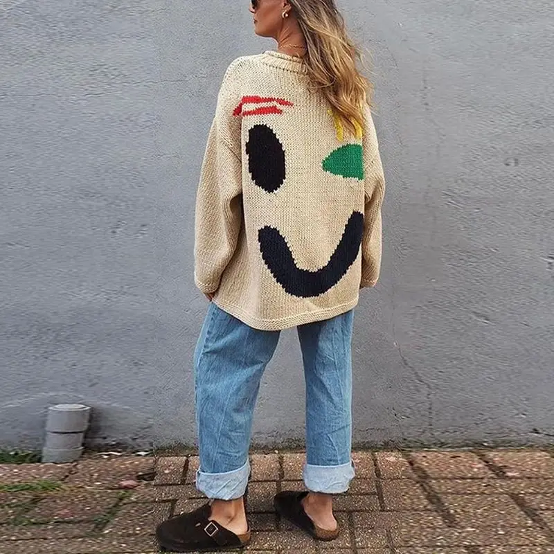 New 2024 Autumn Women\'s Oversized Sweaters O Neck Knitwear Long Sleeve Loose Fit Pullovers Female Casual Smile Boho Sweater Tops