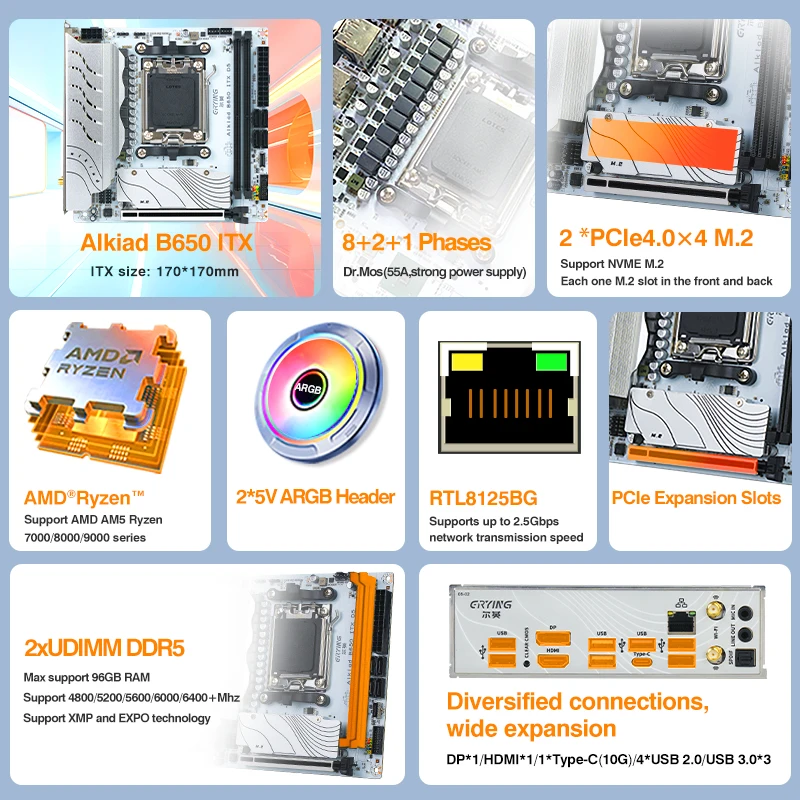 ERYING B650i 마더보드 ITX, AMD Ryzen 7000/8000/9000 시리즈 CPU, 듀얼 채널 DDR5 RAM 2 * Pcie4.0 x 4 M.2 ARGB 소켓 AM5 지원