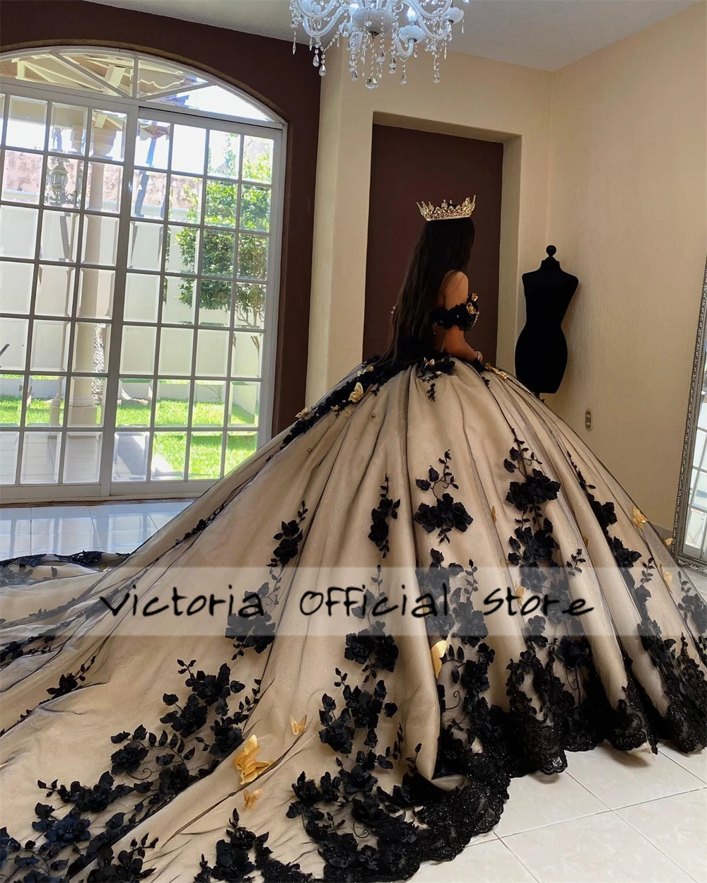 Gold Butterflies Black 3D Flowers Quinceanera Dress Ball Gown Crystal Sweet 16 Dress Wedding Gown Mexican vestido Customized