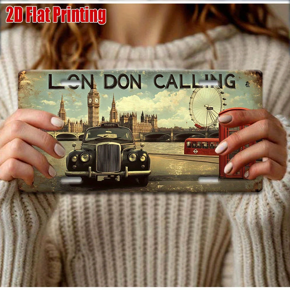 Printing, , Vintage Metal License Plate, Outdoor Wall Art , Number London Calling Aluminum Sign with Classic Cars, for Home,